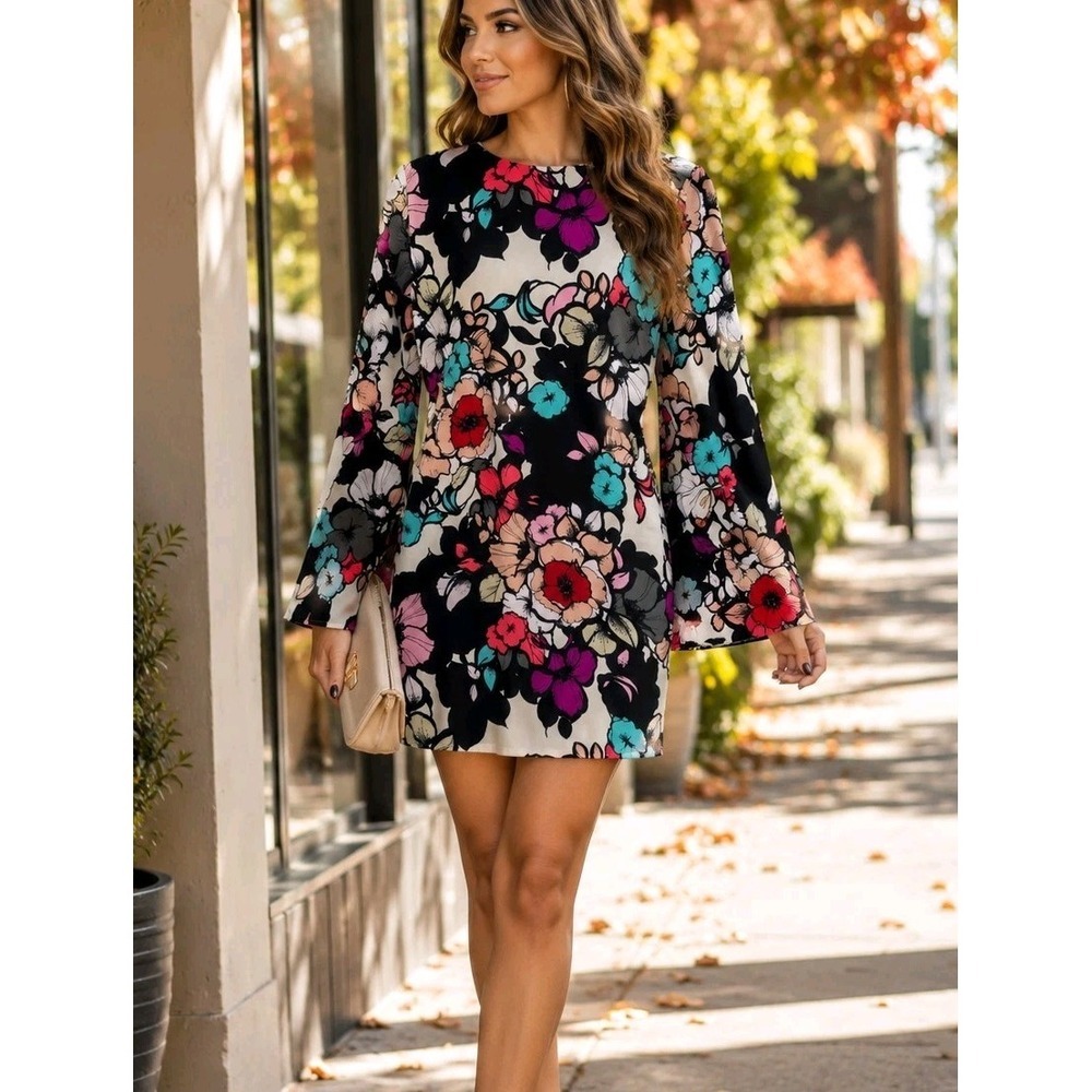 NWT Express Floral Mini Dress Size 4 Open Back Bell Sleeve Multicolor $79.90
